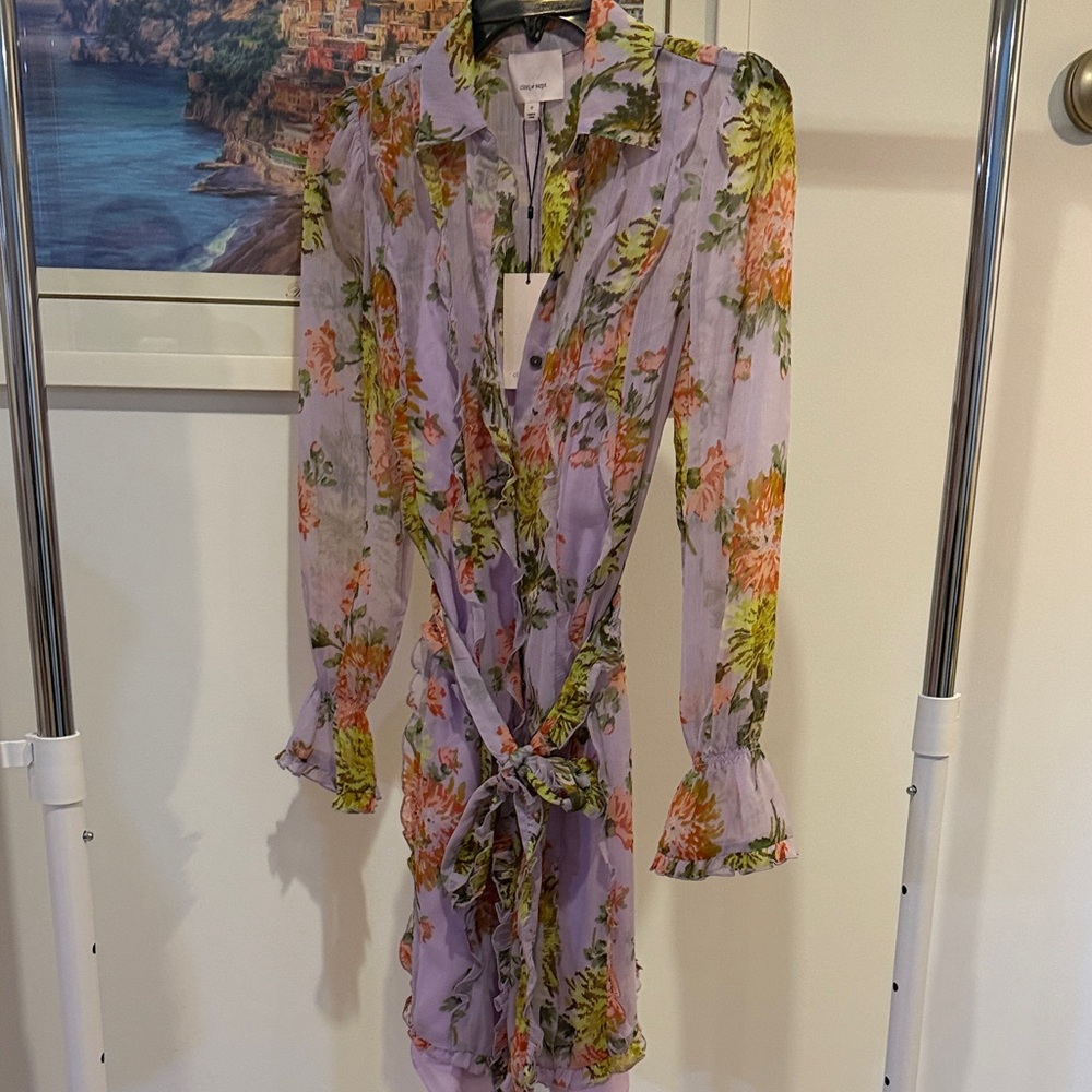 cinq a sept Lilac Floral Long-Sleeve Ruffle Wrap Dress